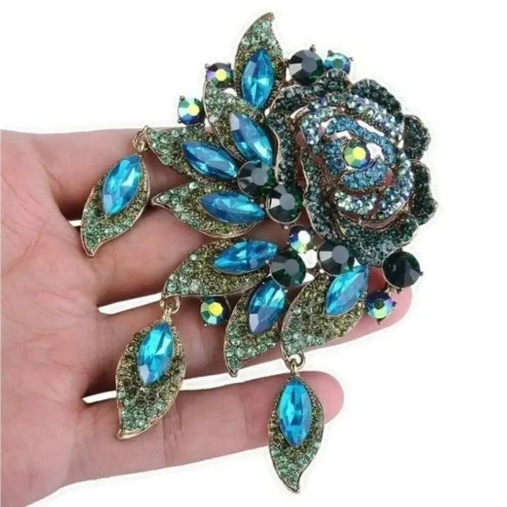 Yellow Gold with Blue and Green Austrian Crystal Rose Flower Leaf Brooch